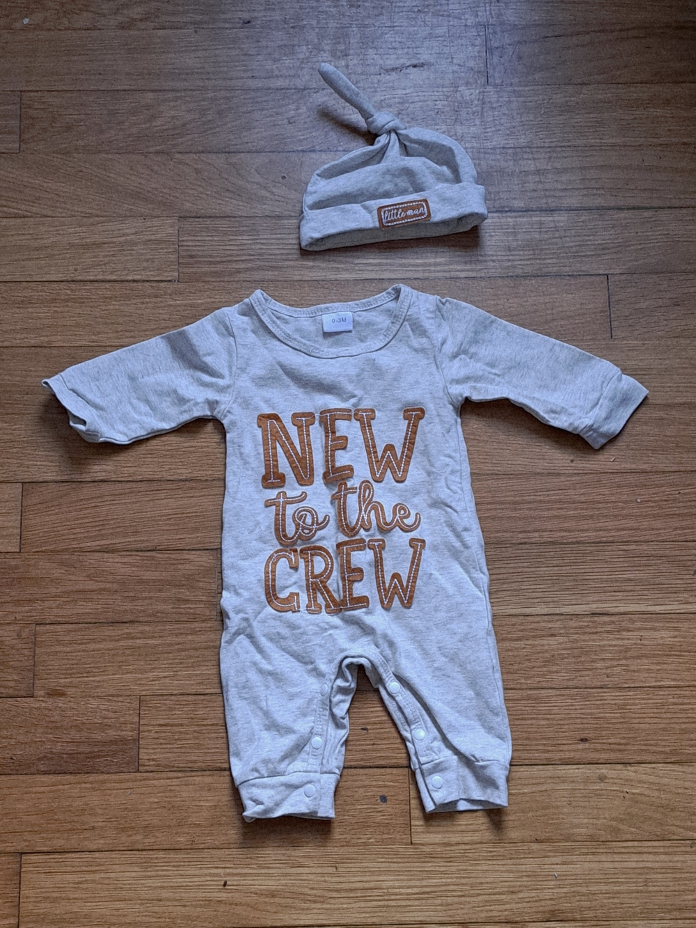 Baby One-Piece Romper with Knot Hat - Cream "New to the Crew"